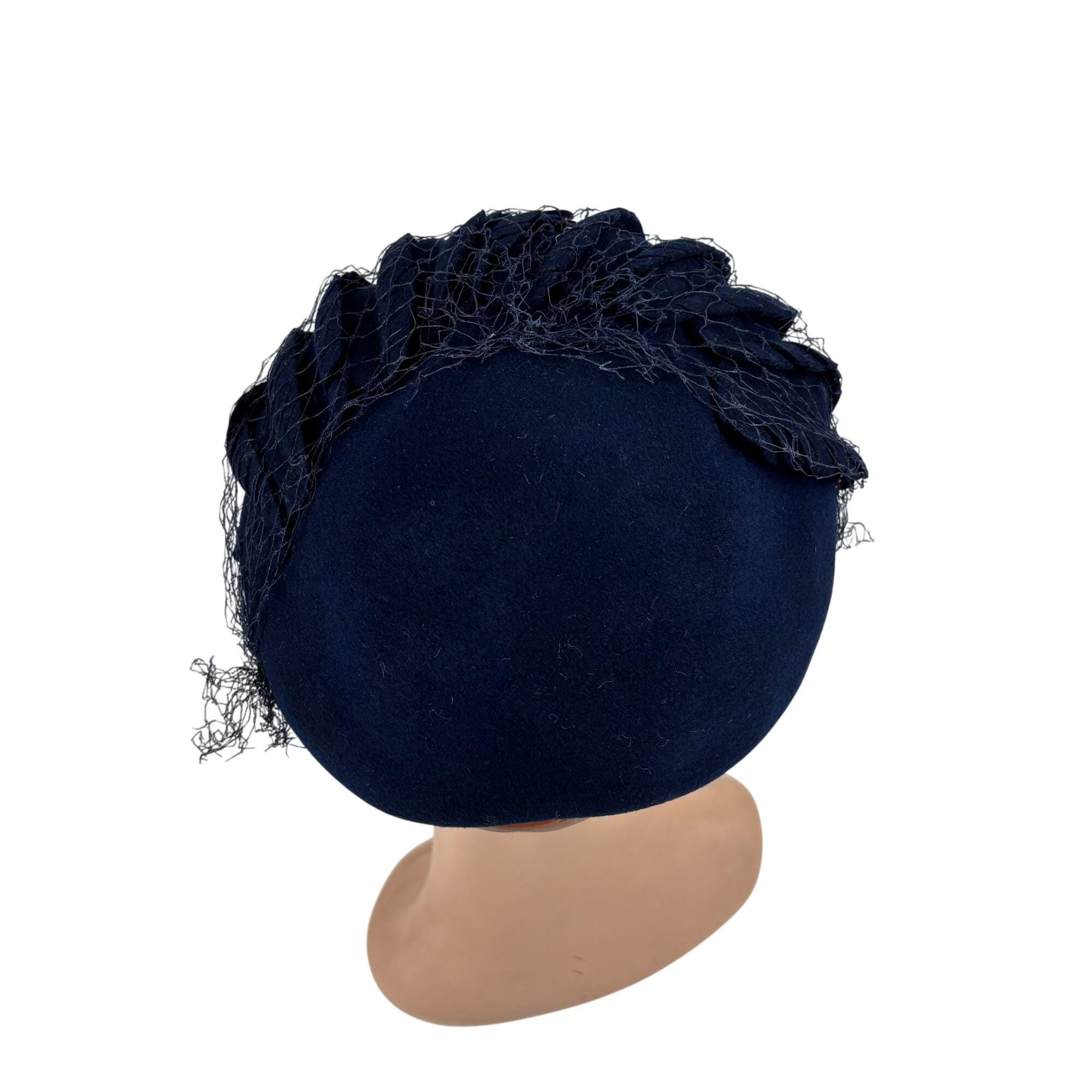Vintage 50s Navy Hat Blue Veil Wool Scaled Calot Starling Vintage Navy Blue Velvet Hat: 1950s Style Wide Brim With  main image 4