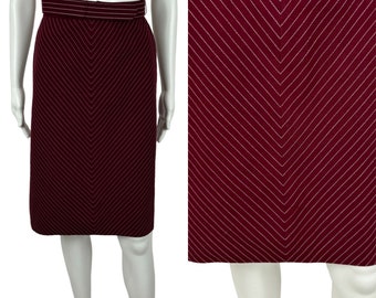 Vintage 70s Chevron Skirt Women's XS Belted Maroon Wool A Line Belted Mini White Stitching