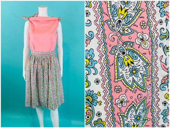Vintage 50s-60s Handmade Pink Paisley Knee Length Dress Pleated Skirt Women/'s Size Medium Free US Shipping