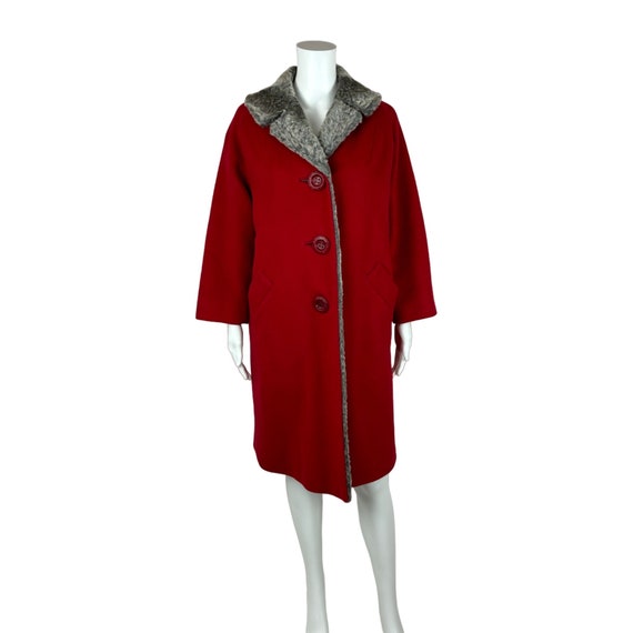 Vintage 50s Coat Cherry Red Gray Faux Fur Collar … - image 10