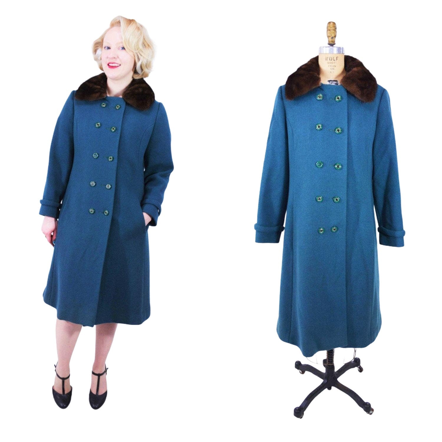 Vintage 1960s Teal Coat Wool Fur Collar Overcoat Bromleigh | B 40