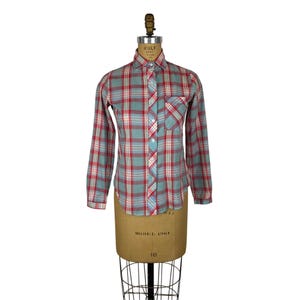 Chemise à carreaux vintage des années 80 pour femme, petit haut boutonné western rouge bleu pour femme
