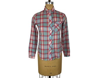 Vintage 80s Plaid Shirt Womens Small Red Blue Western Button Down Top