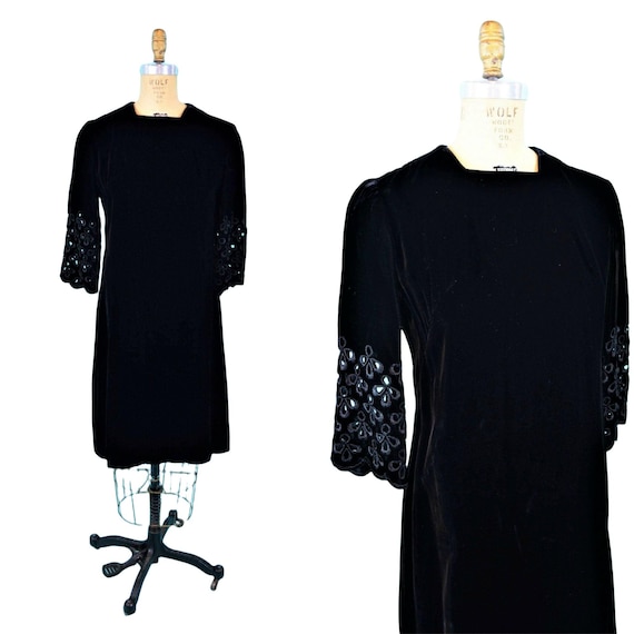 Vintage 1960s Black Velvet Dress Mod Cutout Sleeve