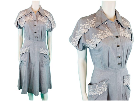 Vintage 1950s Chambray Dress Pockets Blue Embroid… - image 1