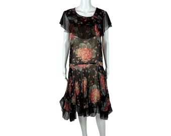 Vintage 20s Silk Chiffon Dress Women's Small Pink Peonies Black Floral Art Deco Drop Waist