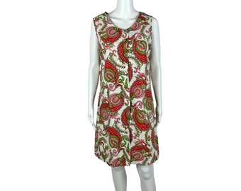 Vintage 60s Paisley Dress Women's Medium Pink Red Heart Print Shift Boho