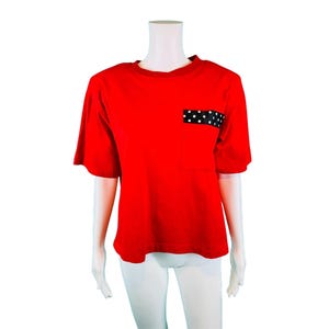 Vintage 90s Cropped Tee Womens Medium Solid Red Cotton T-Shirt Polka Dot Trim