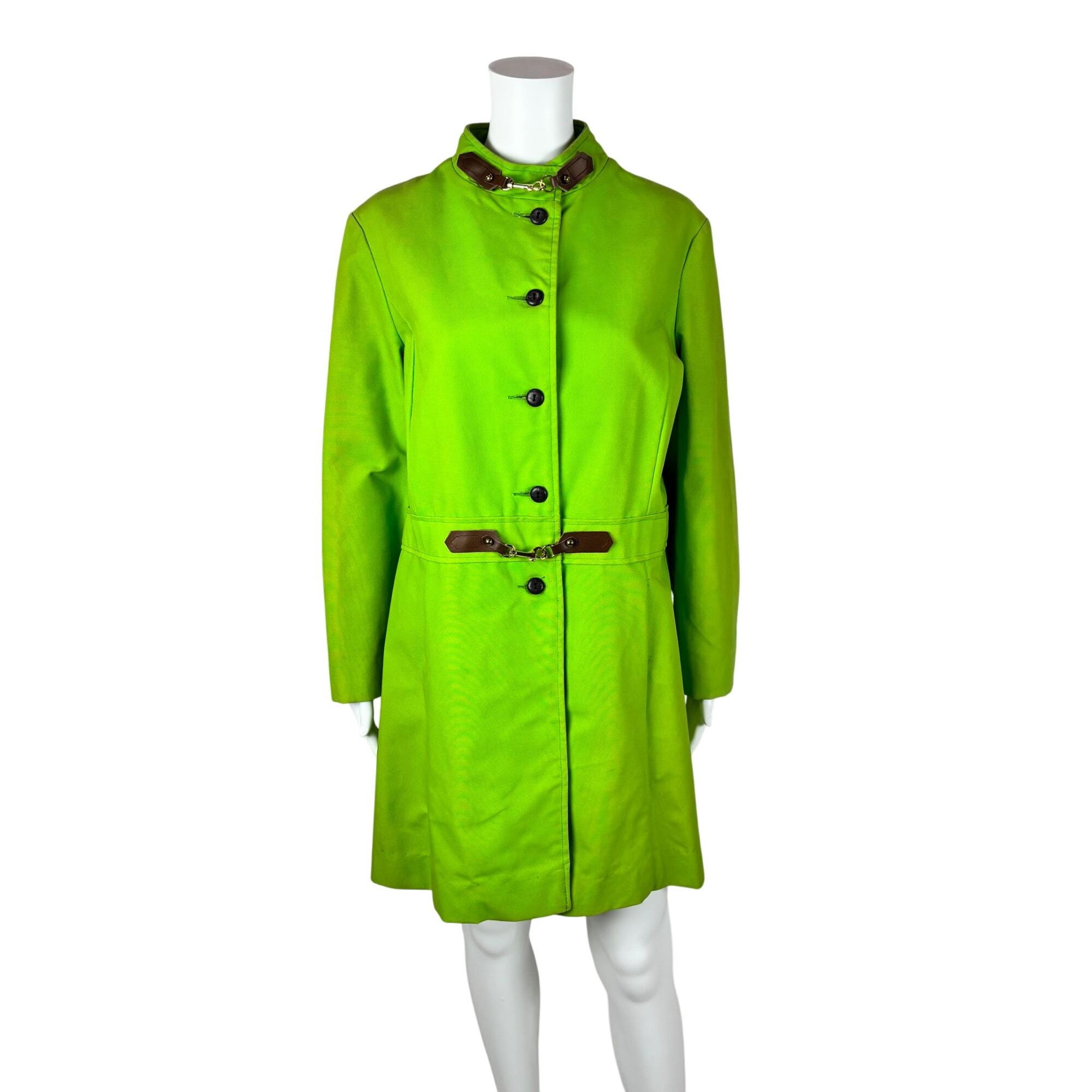 Vintage 60s Mod Trench Women's Large Neon Green Buckle Detail Coat