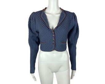 Vintage 70s Cardigan Women's Small Dusty Blue Cropped German Puff Sleeve Sweater Folk