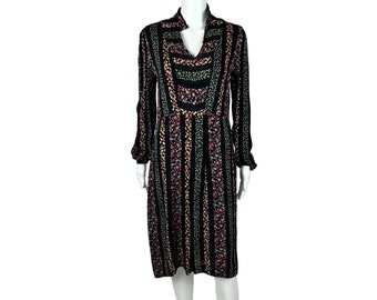 Vintage 1940s Floral Dress Women's Small Crepe Black Multi Color Long Sleeves Deco