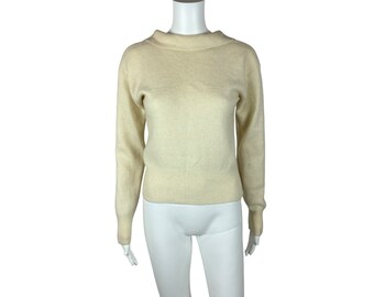 Vintage 80s Wool Sweater Women's Small Cream Collared Back Lambswool Angora Pullover