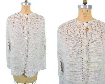 Vintage 1960s White Speckled Cape Rainbow Crochet Sweater