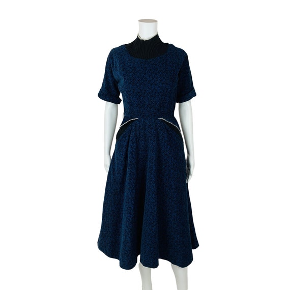 Vintage 1950s Blue Corduroy Dress Speckled Batwin… - image 2