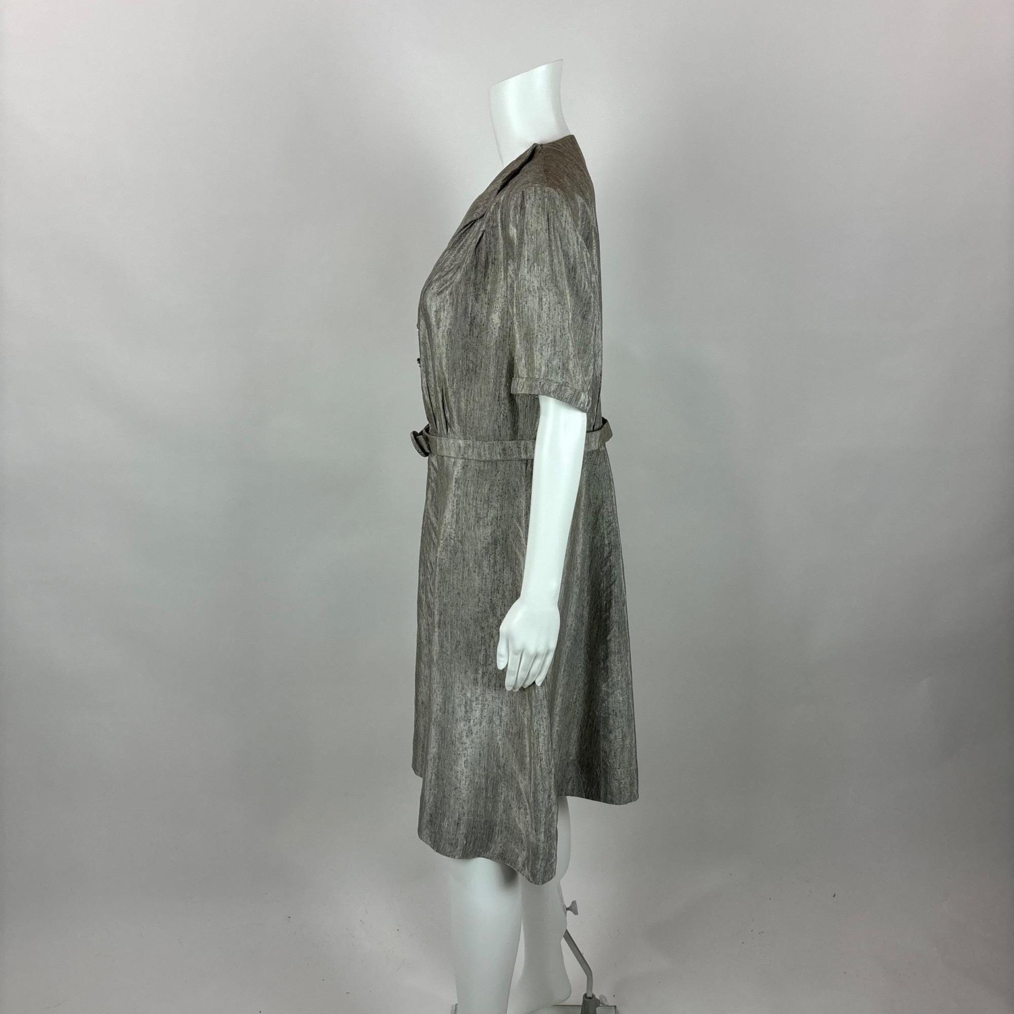 silver 50s dress Vintage 50s Silver Dress Womens Extra Large Metallic Shirt Waist Party Fit Flare