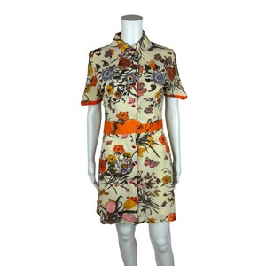 Vintage 70s Mini Dress Women&#39;s Small Floral Butterfly Print Psychedelic Hippie Pointed Collar