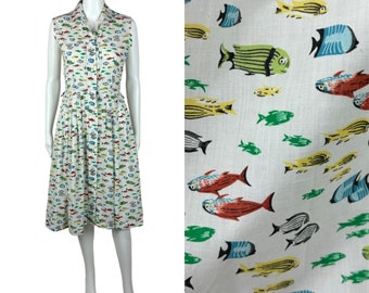 Vintage 60s Fish Dress Women's Small Novelty Print Colorful Sleeveless Shirtdress Rockabilly