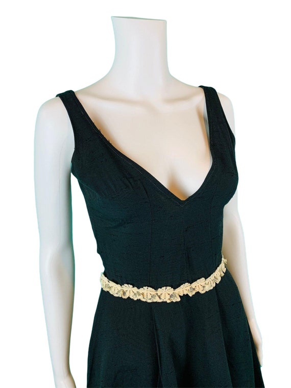 Vintage 1950s Black Cocktail Dress Vneck Cream Fl… - image 5