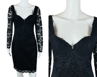 Vintage 1990s Black Lace Bustier Cocktail Dress Wired Cups Sheer Sleeves | W 28"