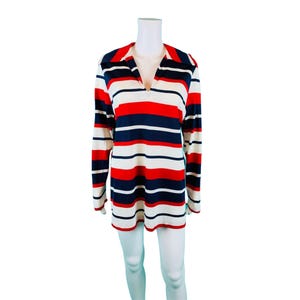 Vintage 70s Striped Top Womens Large Red White Blue Stripe V Neck Tunic