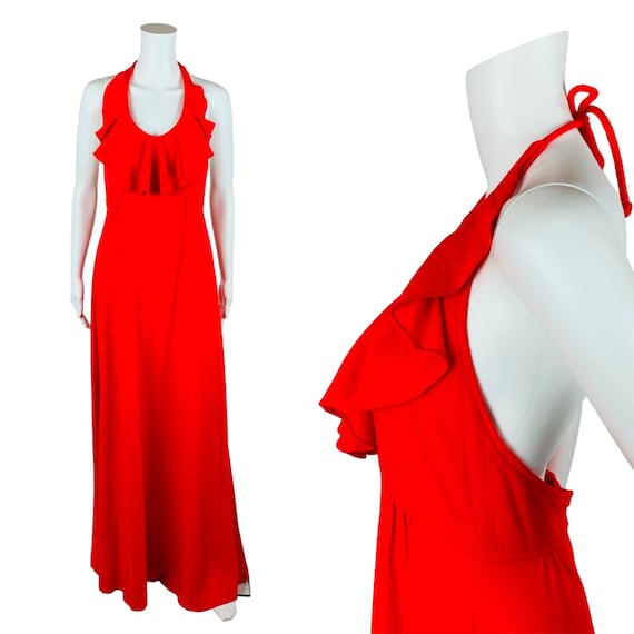 Vintage 1970s Maxi Dress Solid Red Ruffle Neck Ha… - image 1