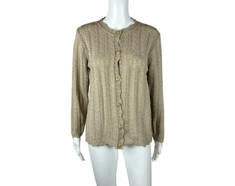 Vintage 80s Tan Cardigan Women's Medium Cable Knit Granny Sweater