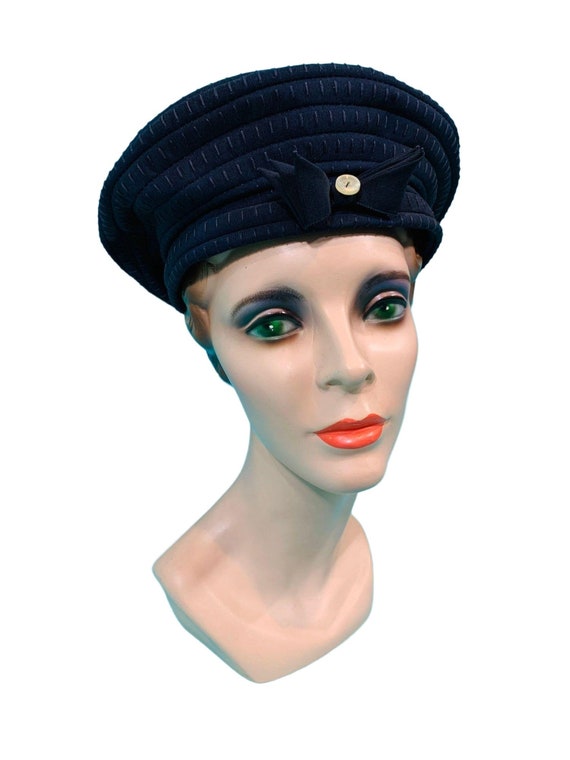 Vintage 1940s Navy Hat Blue Bow Button Round Beret - image 10