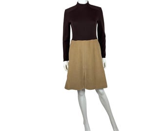 Vintage 60s Mod Dress Womens Small Wool Blend Brown Beige Knee Length Mockneck Sheath
