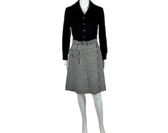 Vintage 70s Day Dress Women's Extra Small Black White Checkered Skirt Secretary