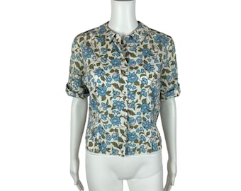 Vintage 50s Floral Blouse Women's Medium Blue Button Up Peter Pan Collar Shirt