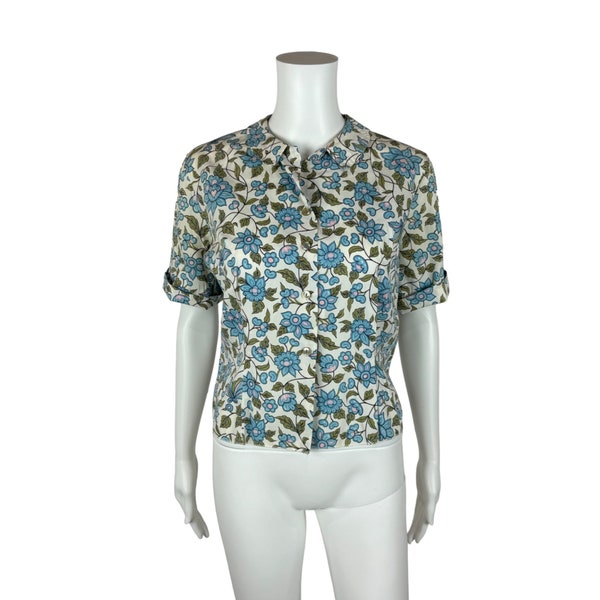 Vintage 50s Floral Blouse Women's Medium Blue Button Up Peter Pan Collar Shirt