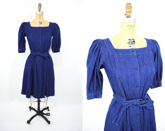 1980s dress vintage 80s blue denim button down puff sleeve dress S/M