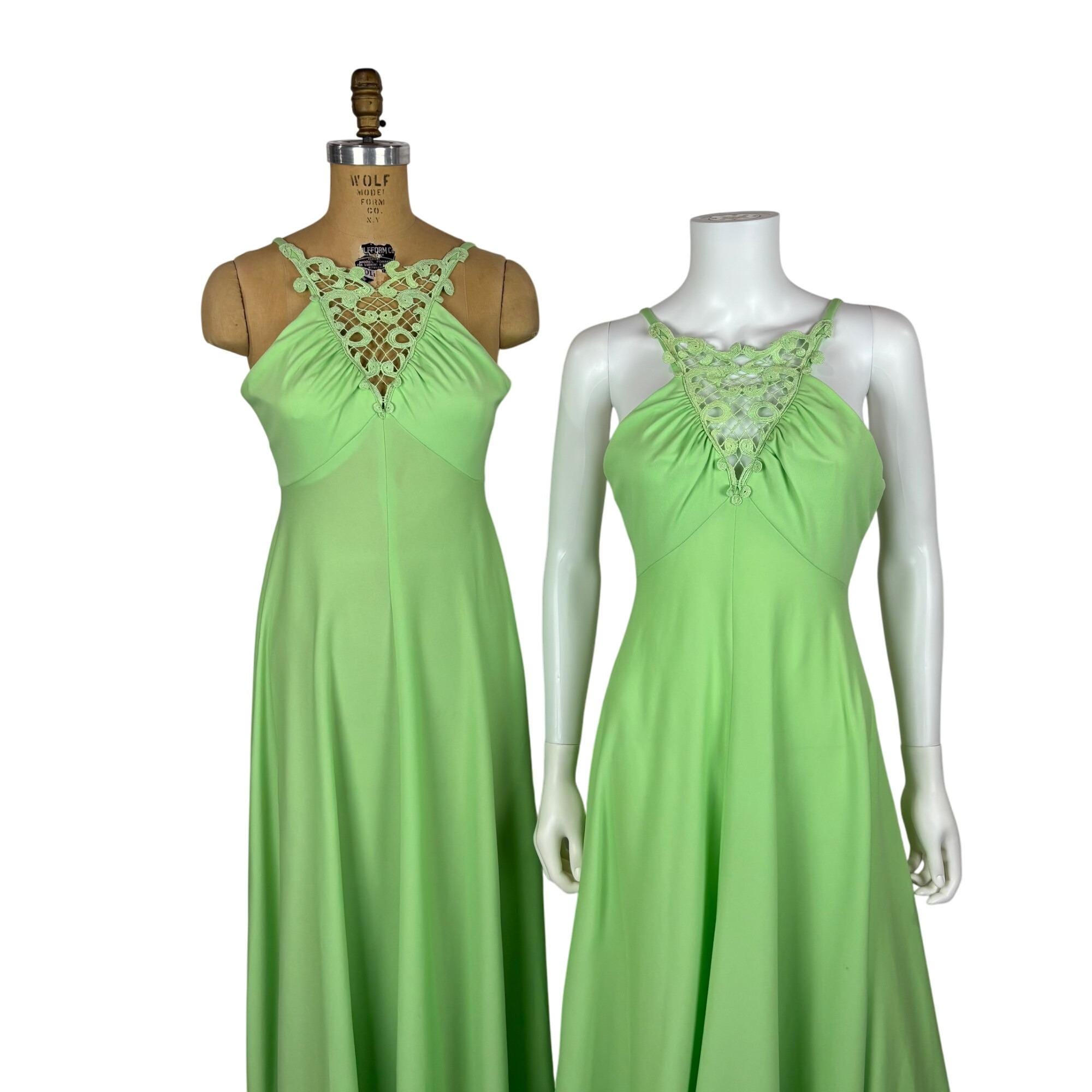 Vintage 70s Maxi Dress Womens XS Set of 2 Lime Green Crochet