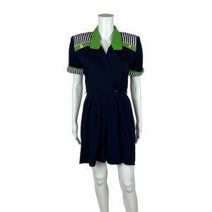 Vintage 80s Nautical Romper Mujer Extra Pequeño Azul Marino Verde Marinero Playsuit