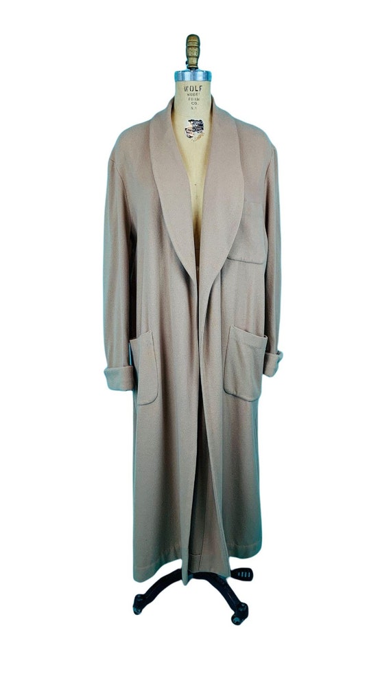 Vintage 1940s Khaki Open Robe Coat Belted Wool Ov… - image 4