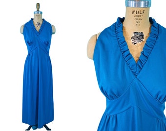 Vintage 1970s Blue Maxi Dress Ruffle Empire Waist | B 36"