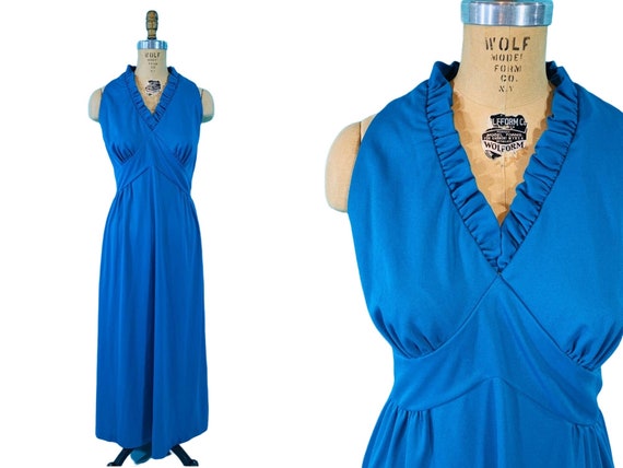 Vintage 1970s Blue Maxi Dress Ruffle Empire Waist… - image 1