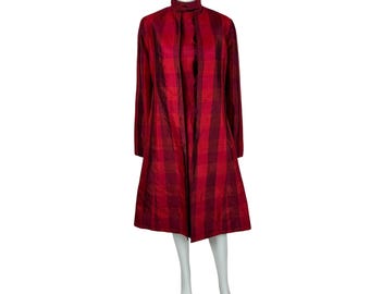 ヴィンテージ 60 年代 ドレス セット レディース ラージ モッド マドラス ホット ピンク レッド シルク カクテル シース