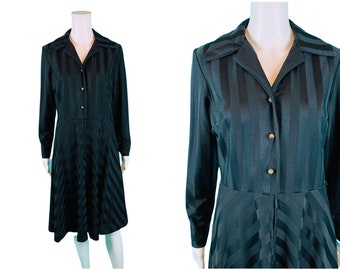 Vintage 1970s Striped Dress Long Sleeve Shiny Black Shirtdress | W 29"