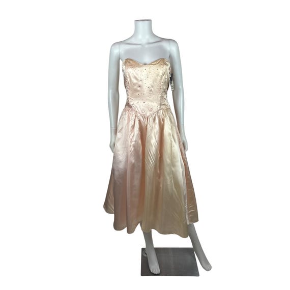 Vintage 80s Prom Dress Womens Xs Strapless Peach Satin Glitter Evening Gown Sweetheart Neckline