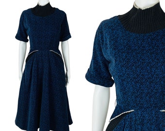 Vintage 1950s Blue Corduroy Dress Speckled Batwing Winter Turtleneck Minx Modes | W 24"