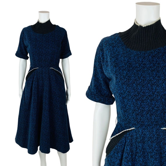 Vintage 1950s Blue Corduroy Dress Speckled Batwin… - image 1