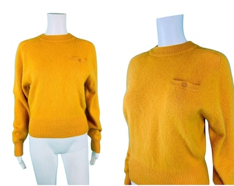 Vintage 1980s Mustard Yellow Sweater Chest Pocket Wool Pullover | B 38"