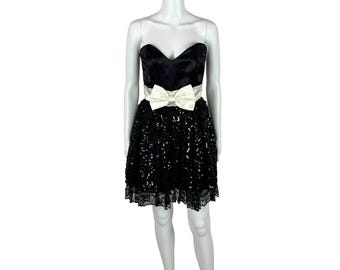 Vintage 80s Cocktail Dress Women's XS Black Sequin Lace Sweetheart Neckline Bow Waist Party
