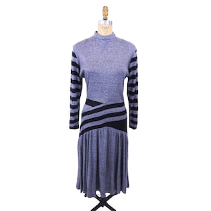 Vintage 80s Striped Dress Womens Small Charcoal Chevron Black Long Sleeves