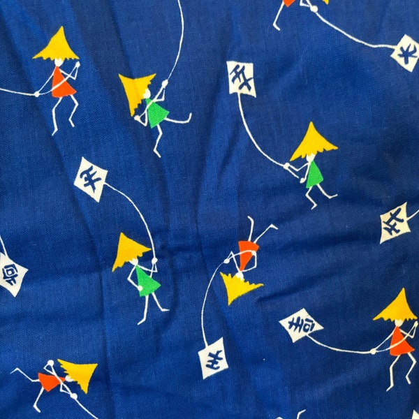 Vintage 50s Novelty Print Fabric Asian Stick Figures Flying Kites Cotton 2.86 Yards