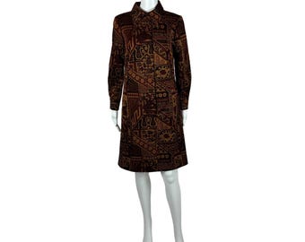 Vintage 70s Paisley Dress Women's Small Brown Long Sleeve Bohemian Shift