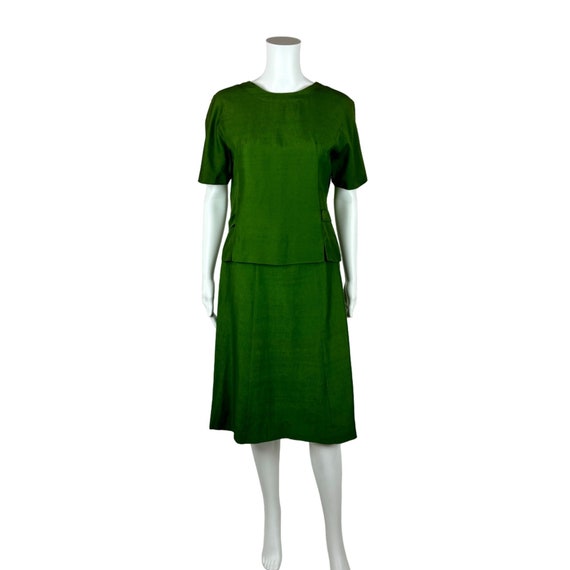 Vintage 70s Suit Set Women's Extra Small Solid Green Silk Blend Skirt Top Business Outfit