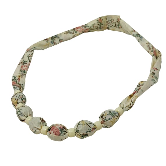 Vintage Beaded Fabric Necklace Pink Floral Print … - image 1
