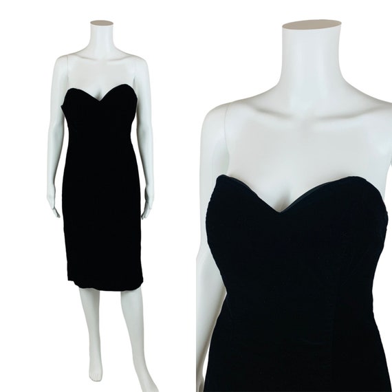 Vintage 1980s Black Velvet Dress Strapless Cockta… - image 1